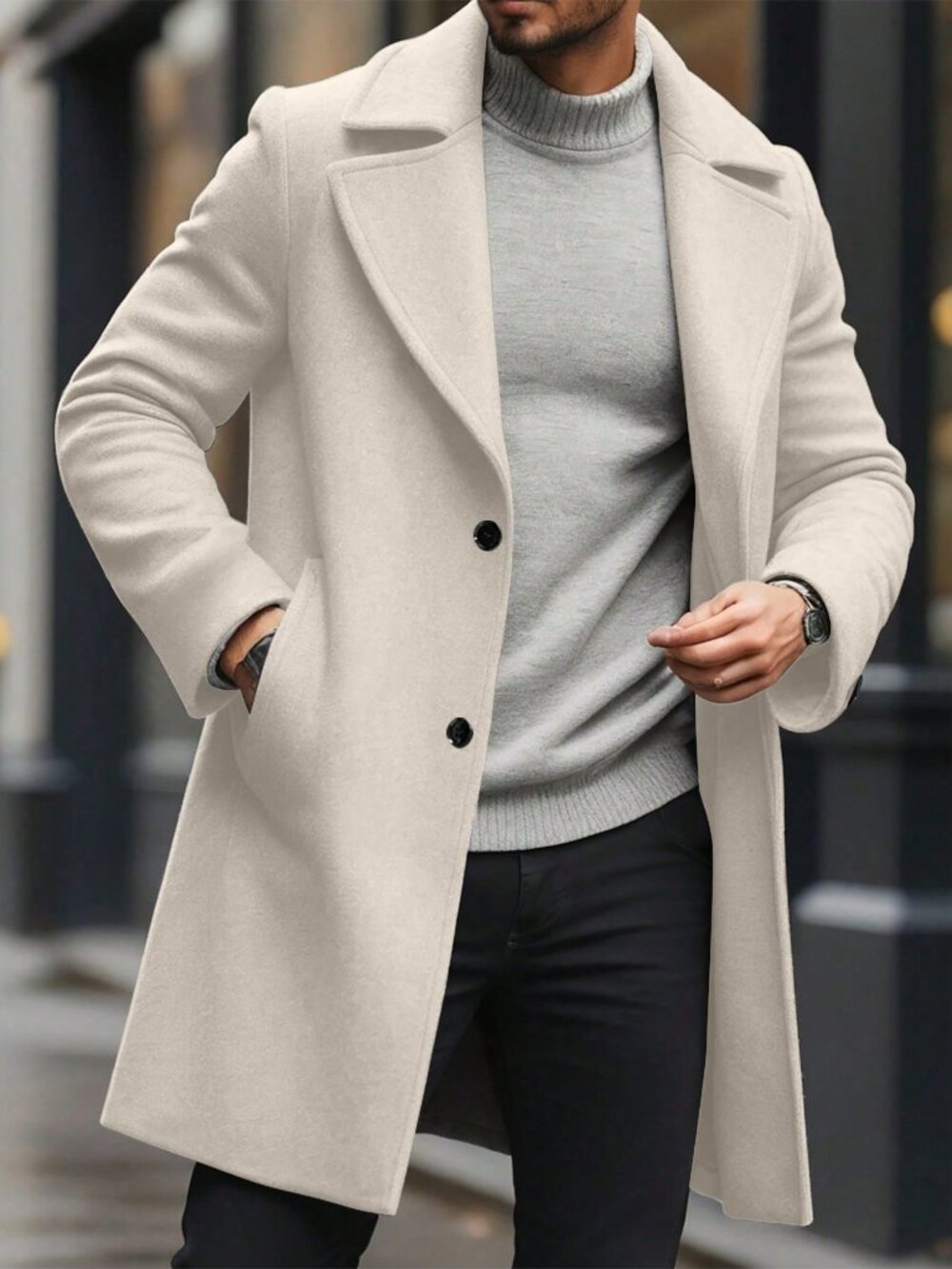 Apricot Men's Button Front Pocket Regular Fit Long Sleeve Overcoat
